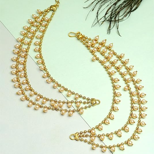 Traditional Brass 18 K Gold Plated Wedding Jewellery Bahubali Inspired Long Chain Jhumki Earrings for Women and Girl - Image 5