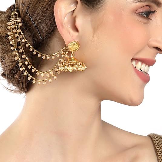 Traditional Brass 18 K Gold Plated Wedding Jewellery Bahubali Inspired Long Chain Jhumki Earrings for Women and Girl - Image 3